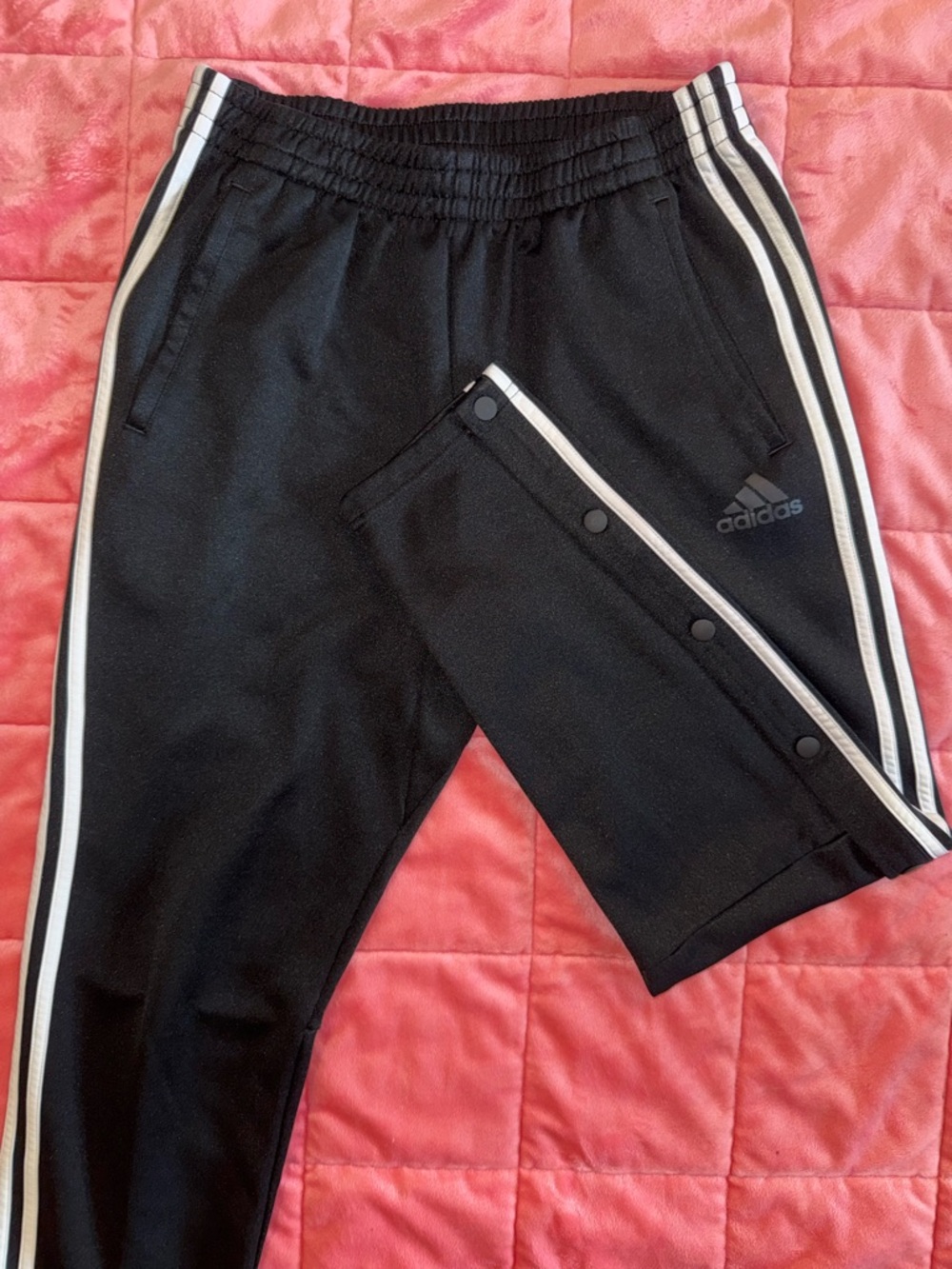 Adidas Black Snap-Open Track Pants with White Stripes - Tear aways